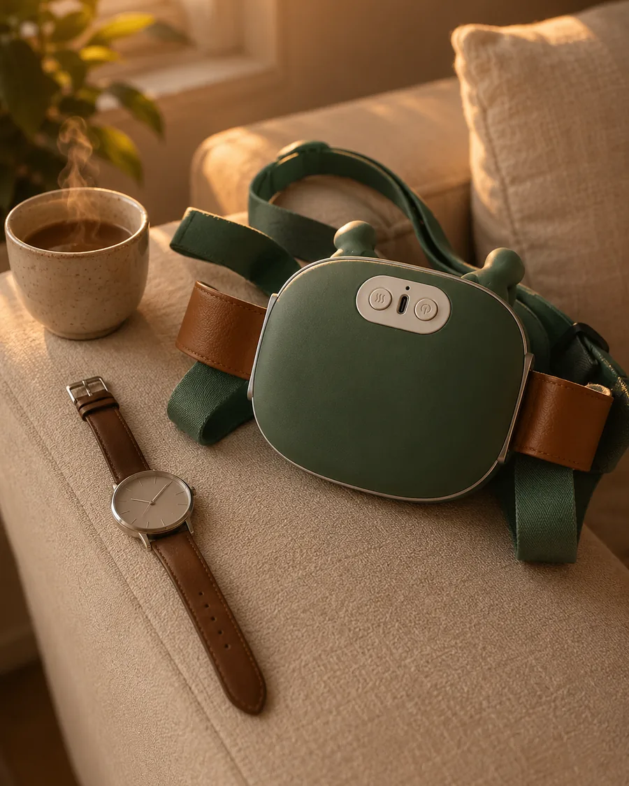 Le chale de massage pose sur l'accoudoir d'un canape, a cote d'une tasse fumante et d'une montre a aiguilles