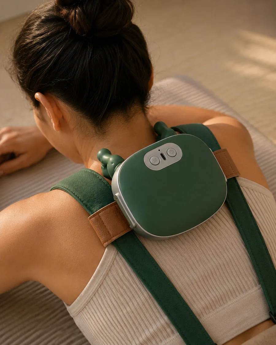Le chale de massage pose sur le haut du dos d'une personne allongee sur le ventre, cadrage nuque et trapezes