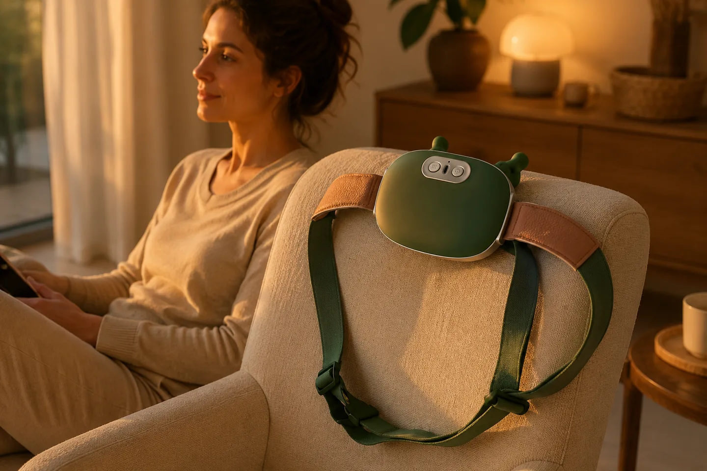 Le châle de massage vert posé sur le dossier d'un fauteuil clair, sangles retombant naturellement