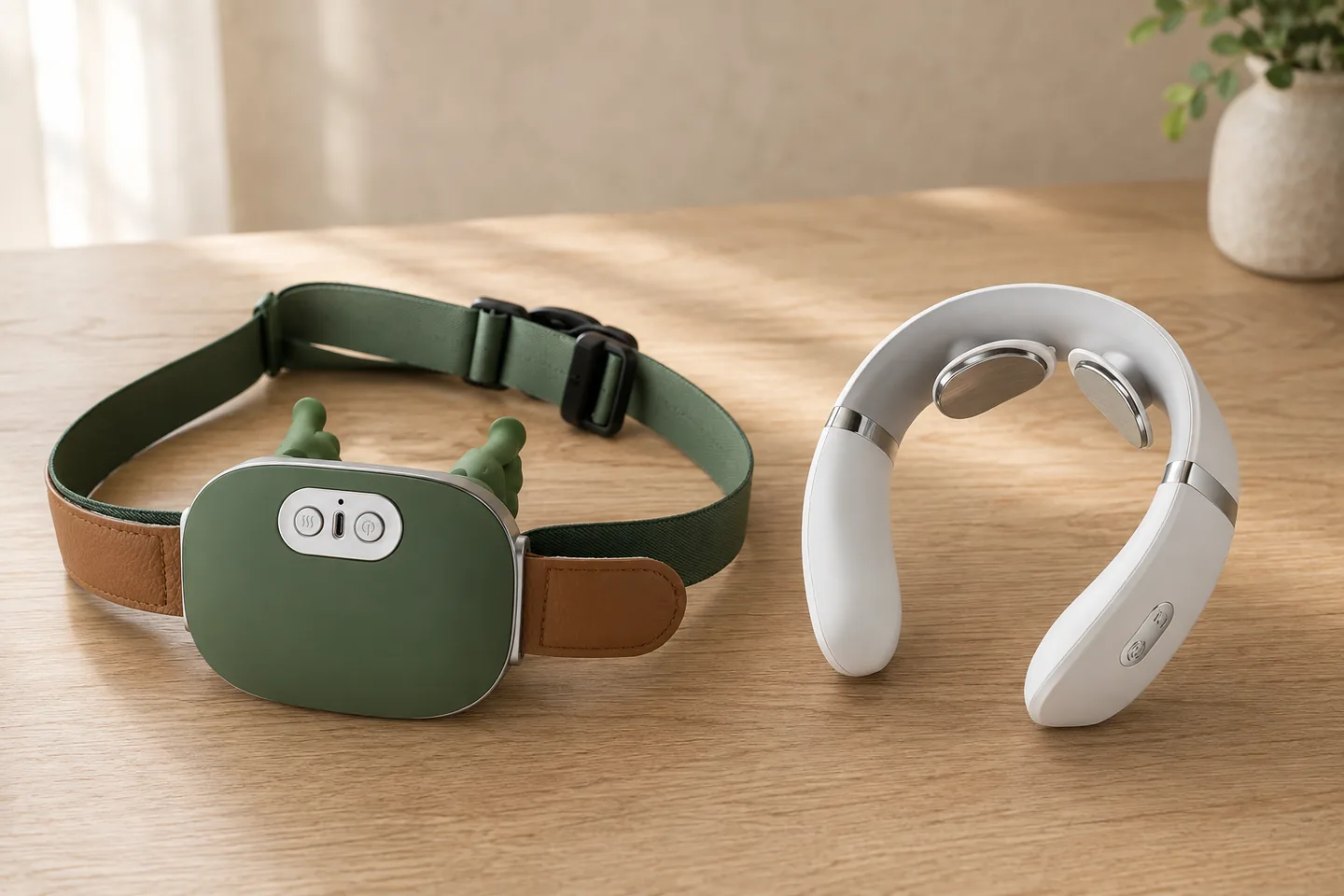Le châle de massage vert et le collier de massage blanc posés côte à côte sur une table en bois clair