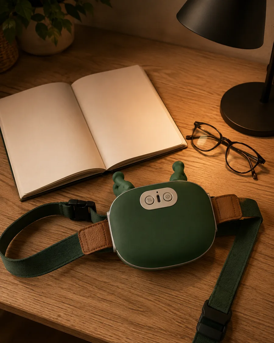 Le châle de massage posé à côté d'un livret ouvert aux pages vierges et d'une paire de lunettes, sous une lampe de bureau