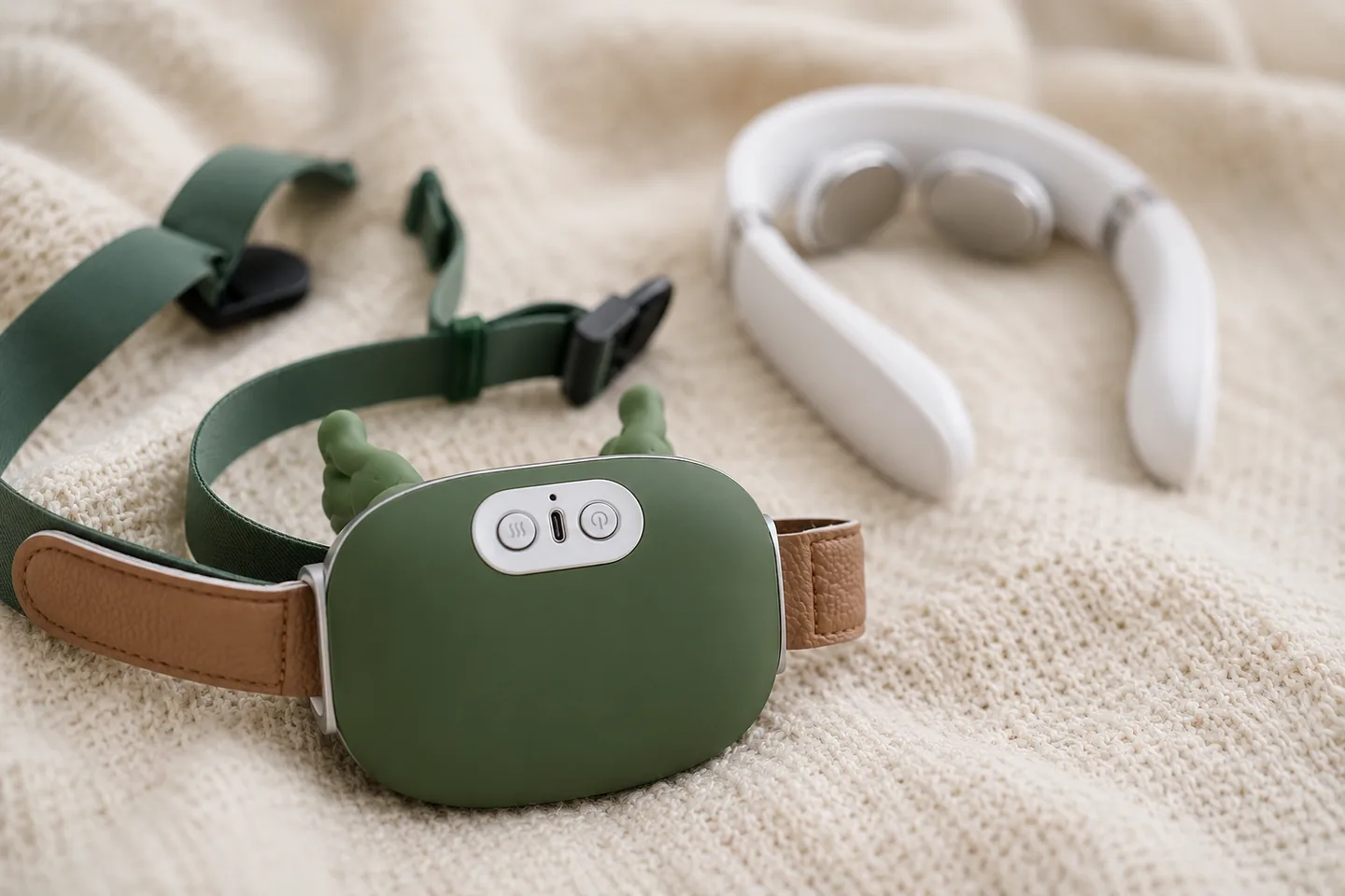 Le chale de massage vert net au premier plan, le collier blanc legerement en retrait et flou, sur un plaid clair