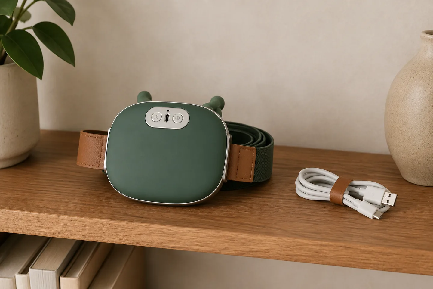 Le chale de massage range sur une etagere en bois, sangle enroulee et cable de charge a cote