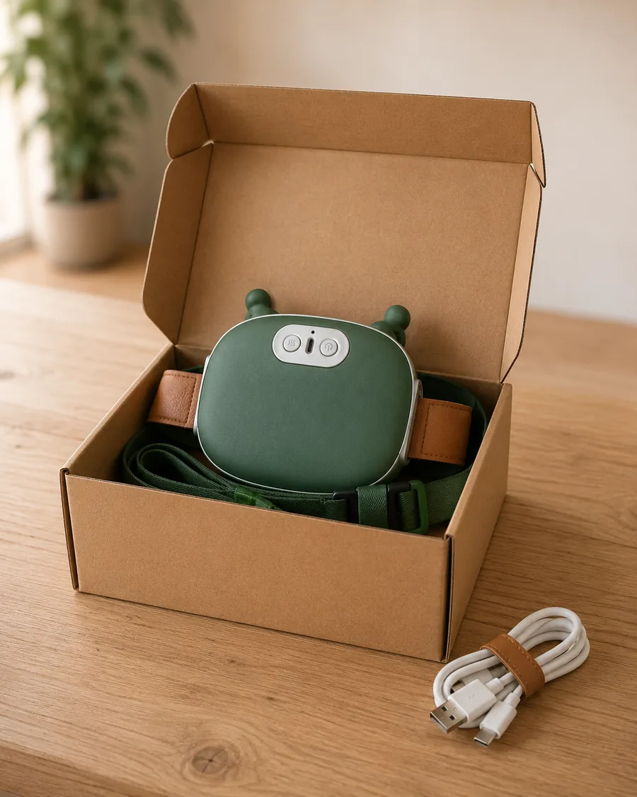 Le chale de massage dans un carton kraft ouvert et vierge, cable de charge enroule a cote