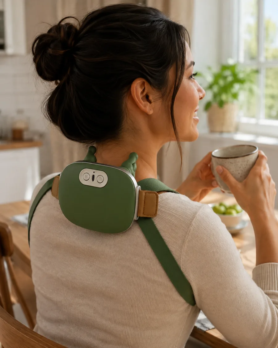 Une femme assise a une table de cuisine, tasse a la main, le chale de massage en place sur la nuque, matin clair