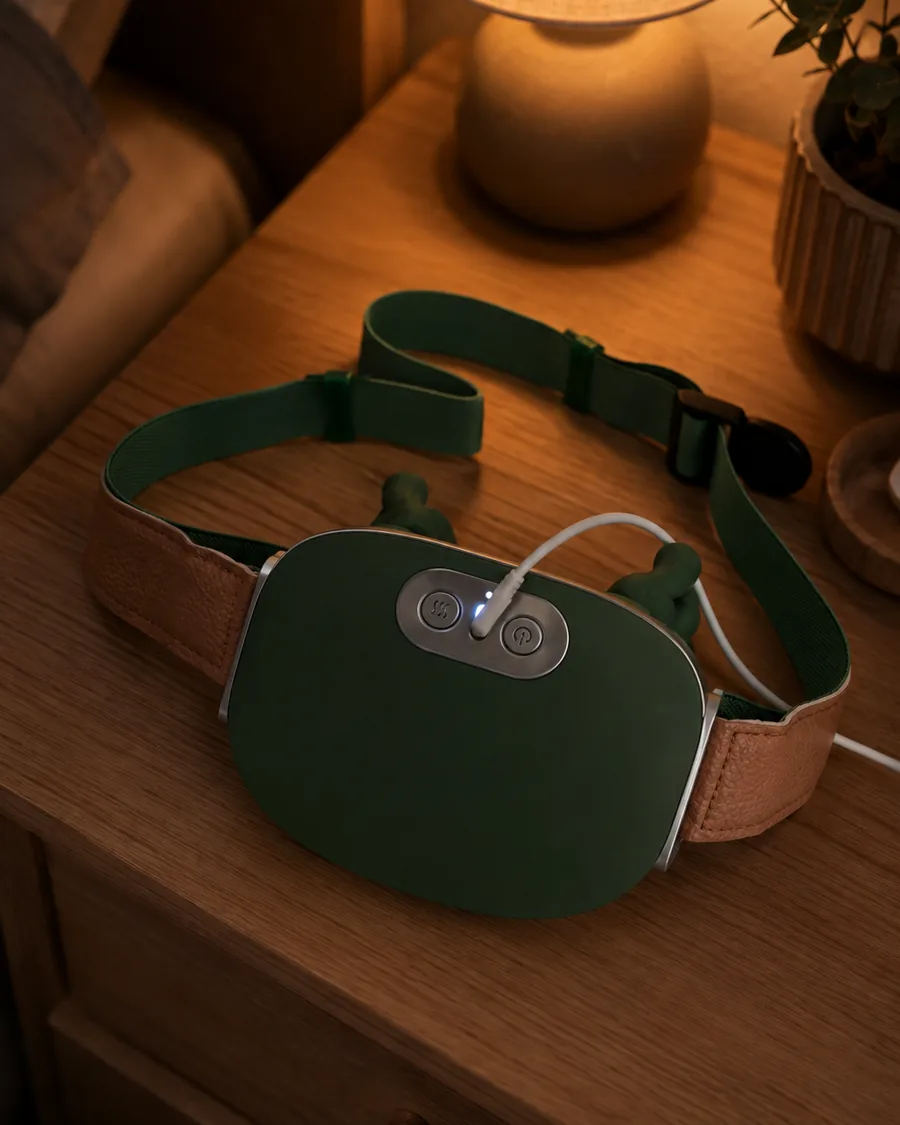Le châle de massage vert posé sur une table de chevet, câble de charge branché et diode allumée