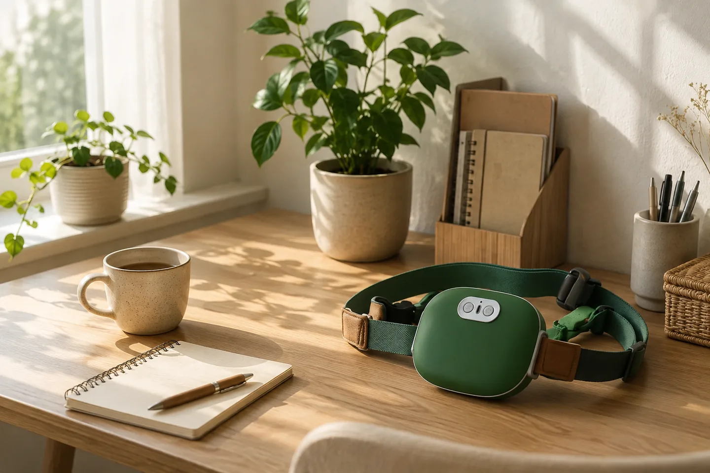 Un coin de bureau clair : le châle de massage posé sur le côté, une tasse, un carnet et une plante verte, lumière du matin