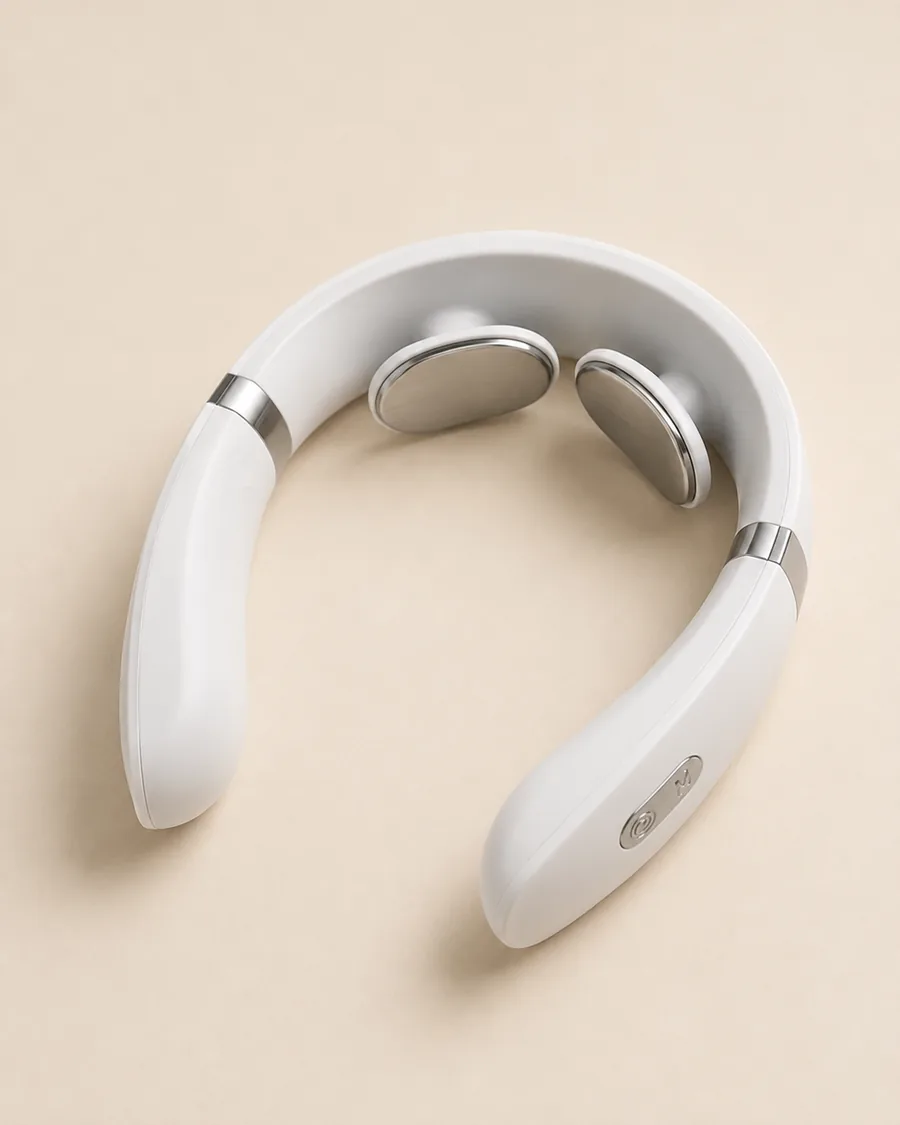 Le collier de massage blanc pose sur fond creme neutre, ses electrodes metalliques visibles