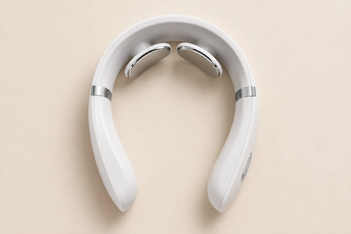 Le collier de massage blanc vu du dessus sur un fond crème uni, ombres douces