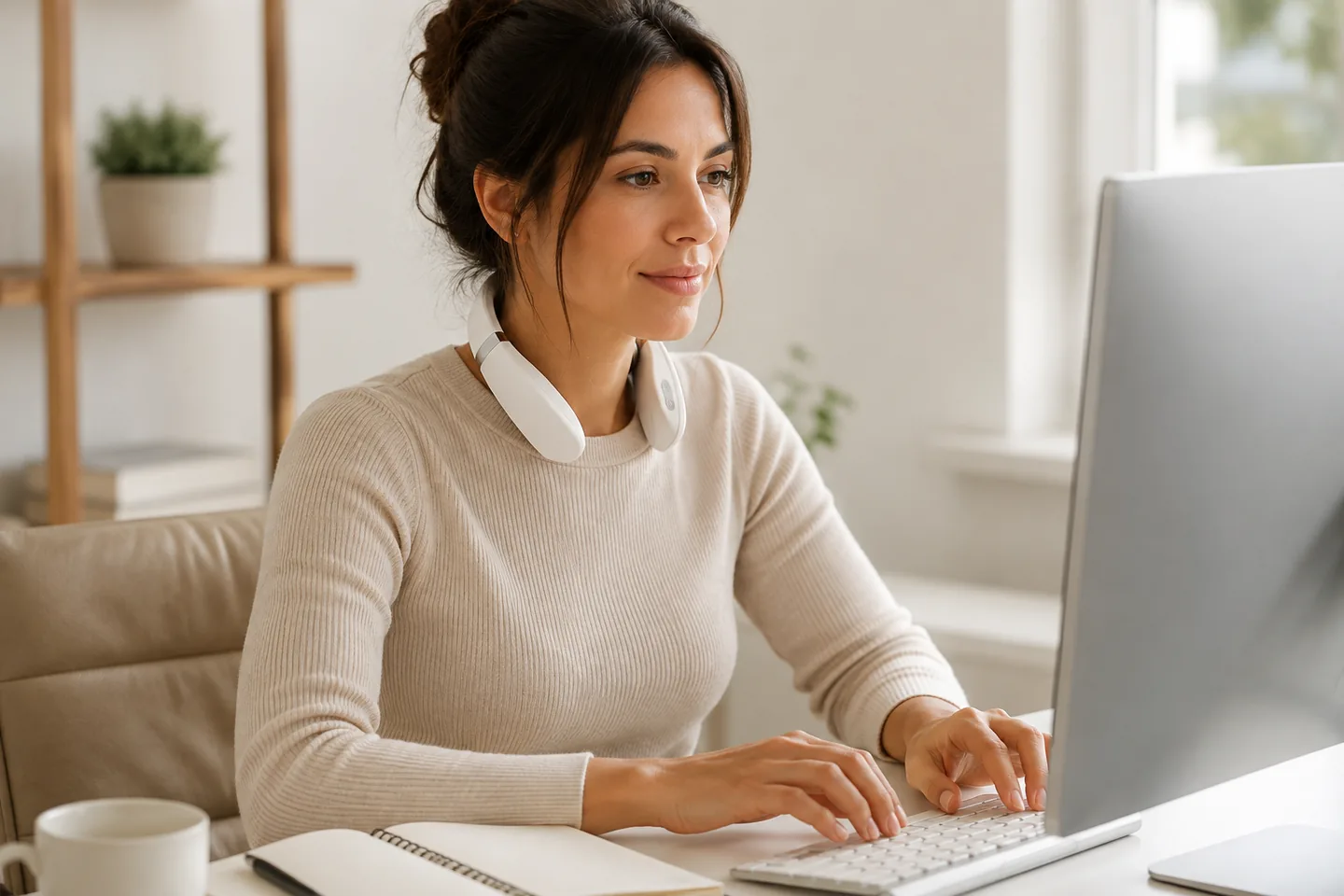 Une femme travaille à son bureau, le collier de massage blanc en place autour du cou