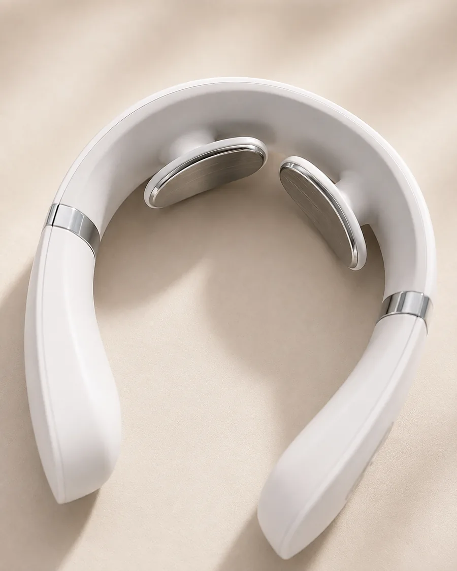 Gros plan de la face intérieure du collier blanc : les deux électrodes métalliques ovales et les bandes chromées