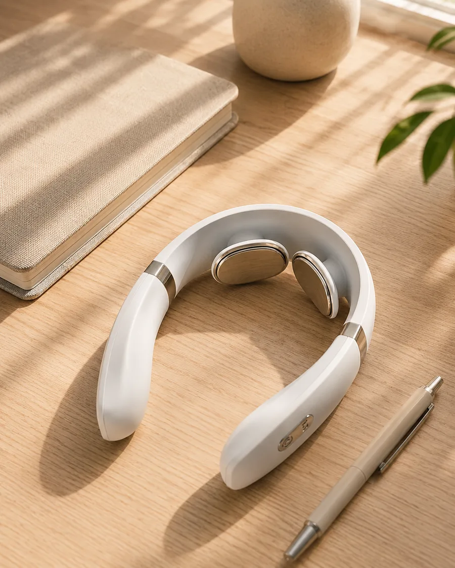 Le collier de massage blanc pose sur un bureau a cote d'un carnet ferme et d'un stylo, lumiere d'apres-midi