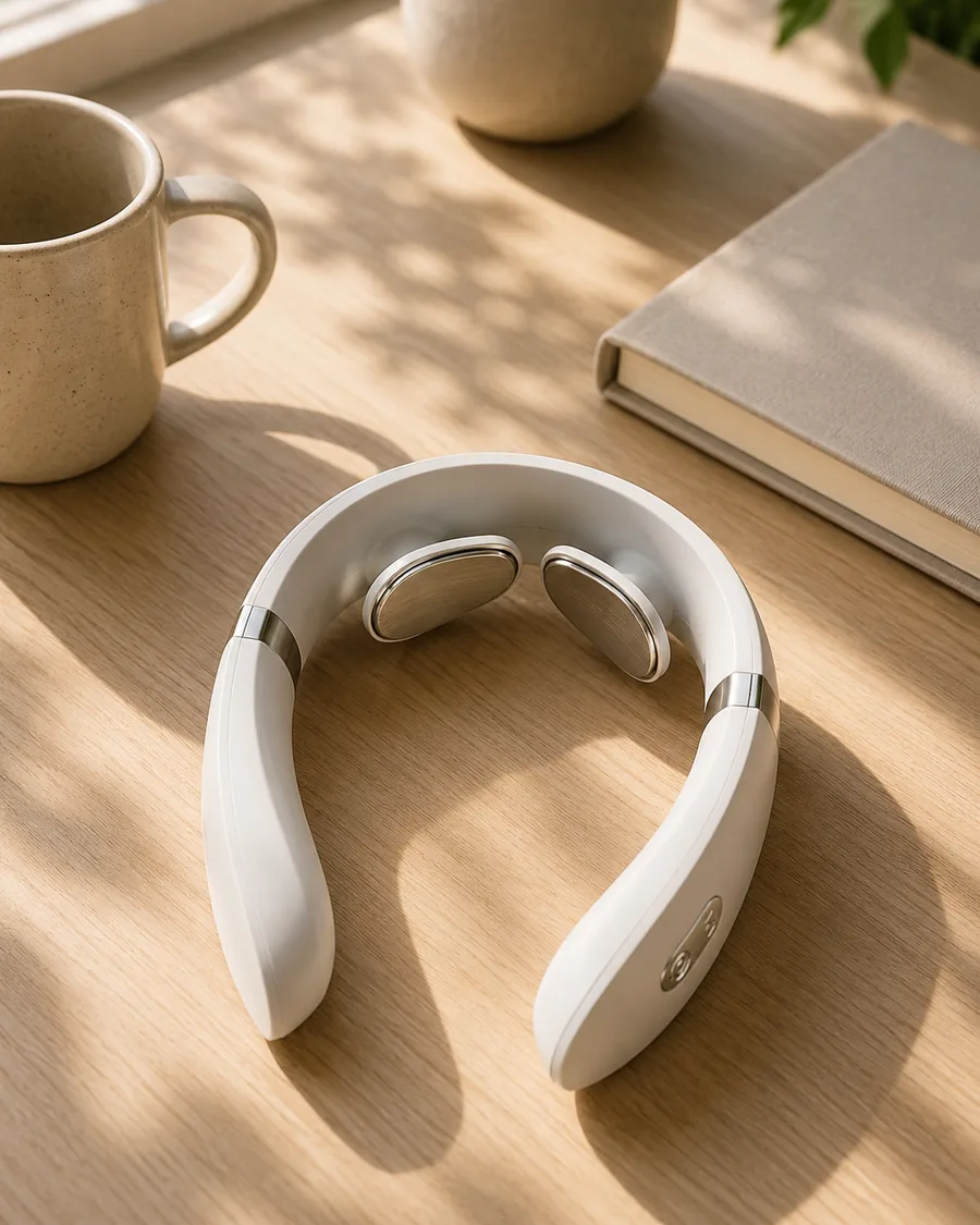 Le collier de massage blanc posé sur un bureau en bois à côté d'une tasse et d'un carnet fermé