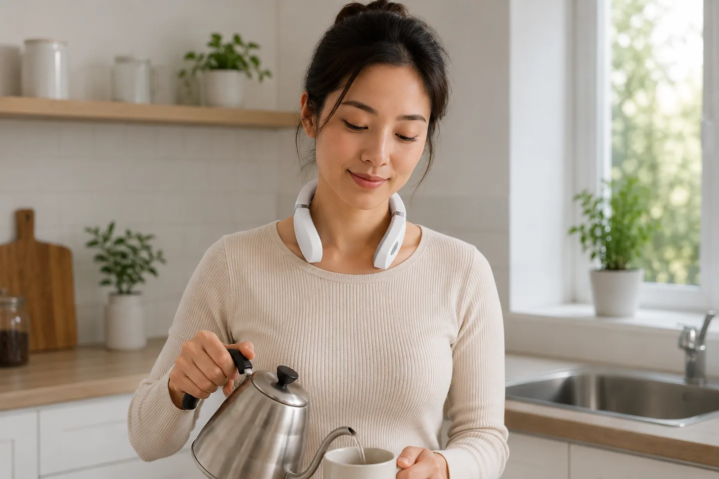 Une femme prépare un café dans sa cuisine, le collier de massage blanc autour du cou