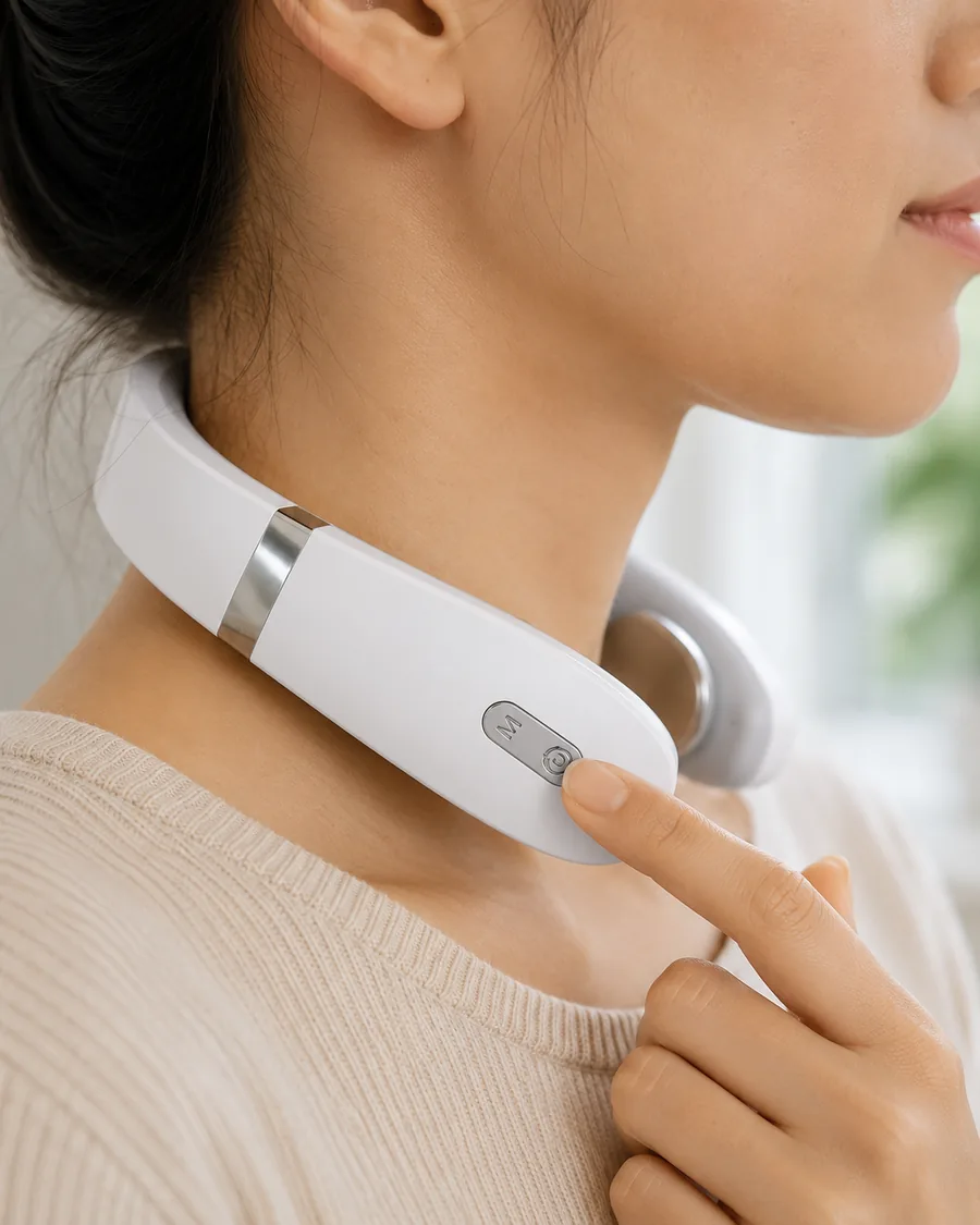 Le collier de massage blanc porte, vu de profil, une main venant regler un bouton