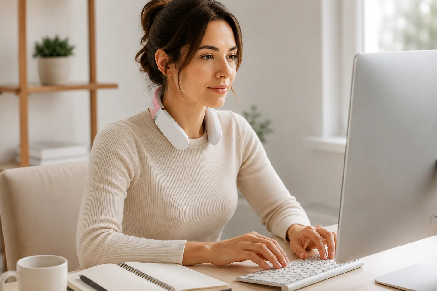 Une femme travaille à son bureau, le collier de massage rose et blanc en place autour du cou