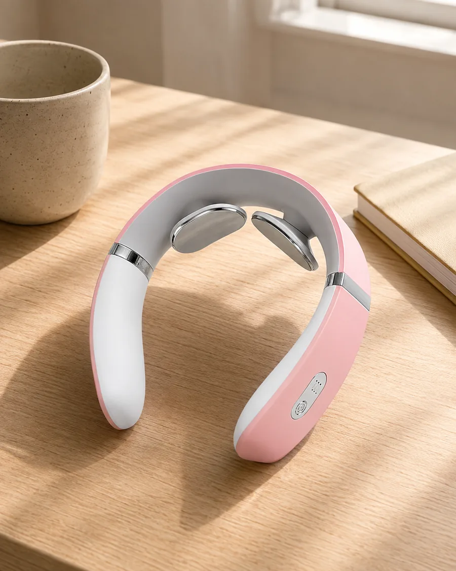 Le collier de massage rose et blanc posé sur un bureau en bois clair, à côté d'une tasse et d'un carnet