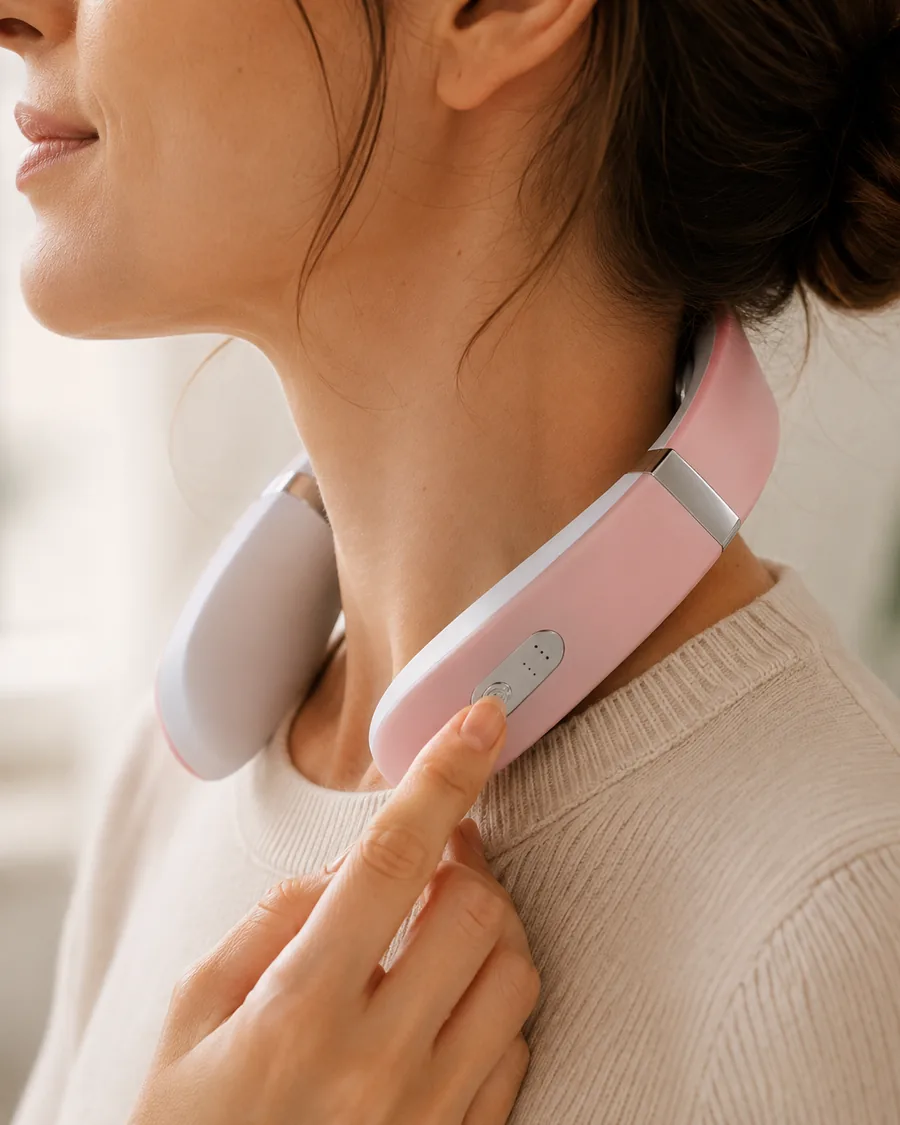 Le collier rose et blanc porté, vu de profil, une main réglant le bouton de la branche droite