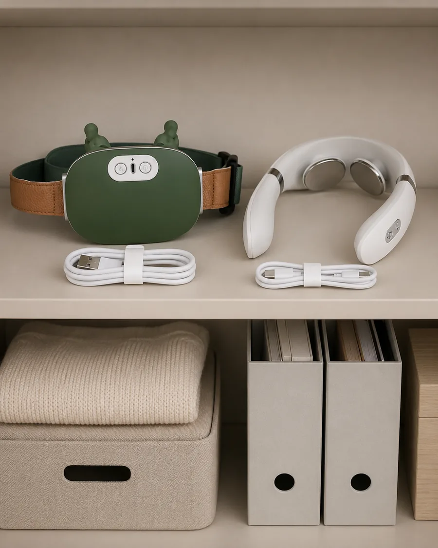 Le châle de massage et le collier alignés sur une étagère avec leurs câbles enroulés, rangement méthodique