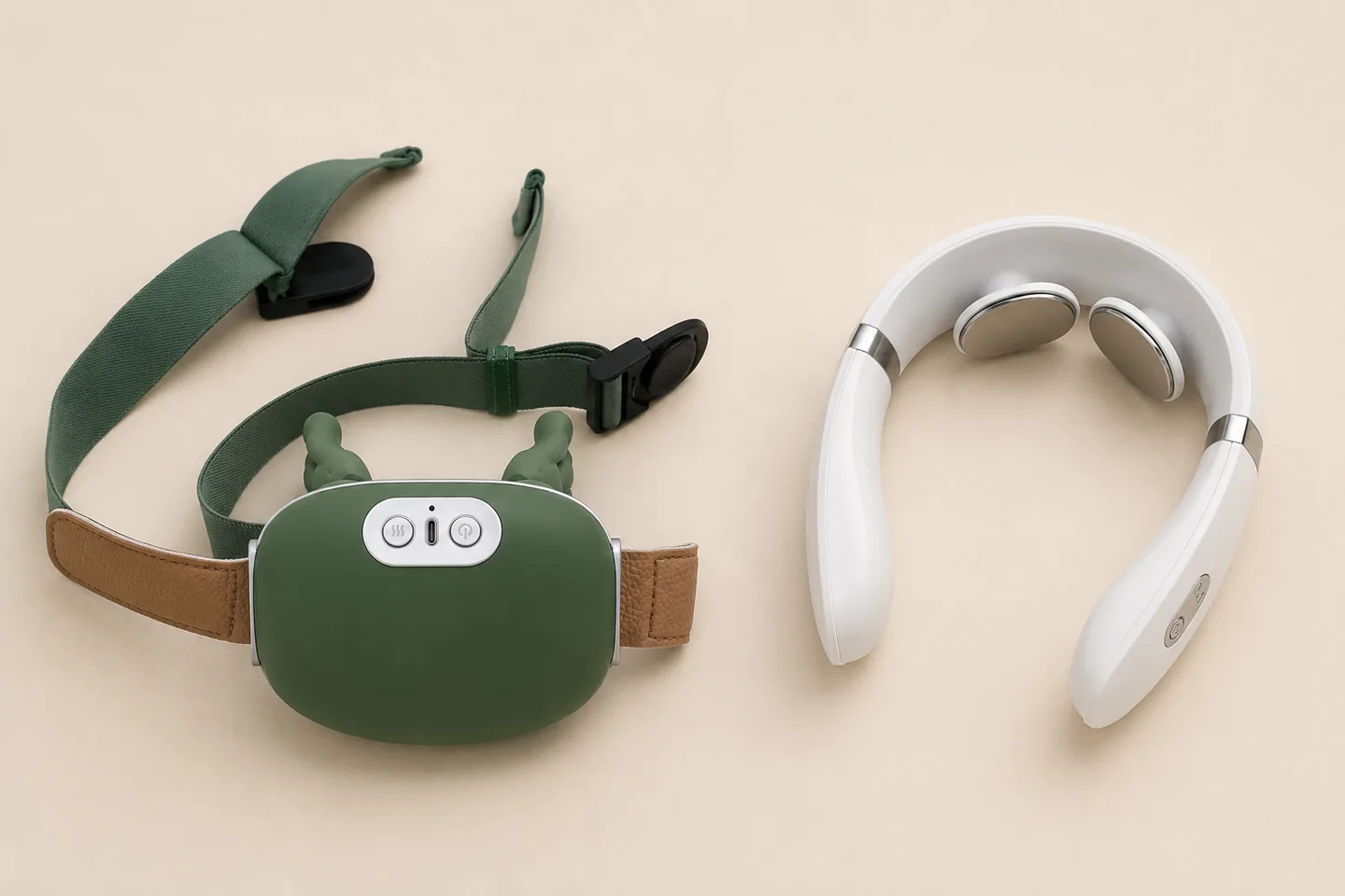 Le chale de massage vert et le collier blanc poses a plat sur fond creme, vus du dessus et nettement separes