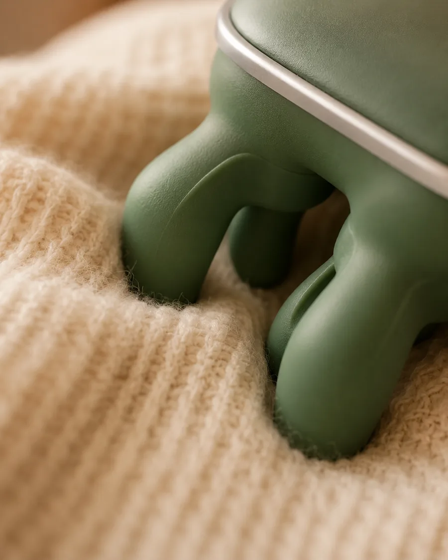 Macro des doigts en silicone vert des tetes de massage du chale, posees sur un tricot creme