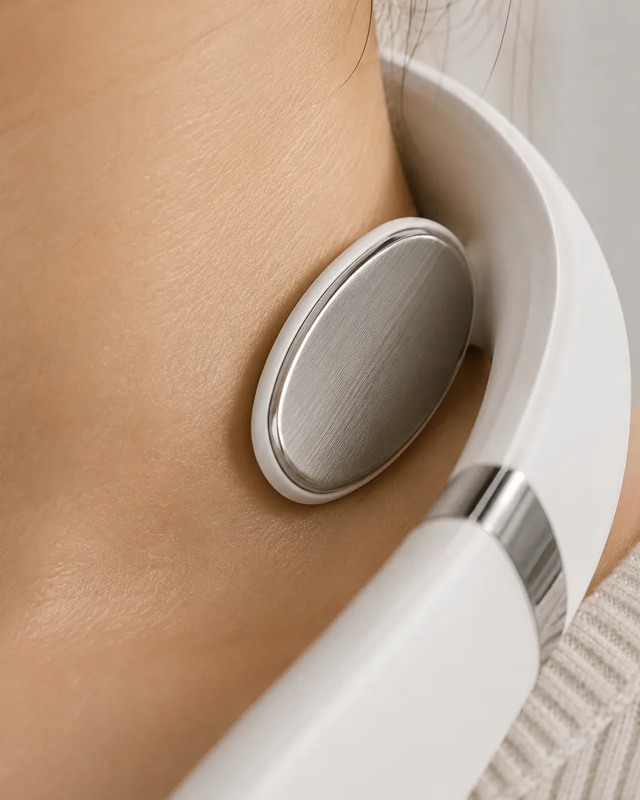 Une electrode metallique ovale du collier de massage au contact de la peau, cadrage serre sur le cote du cou