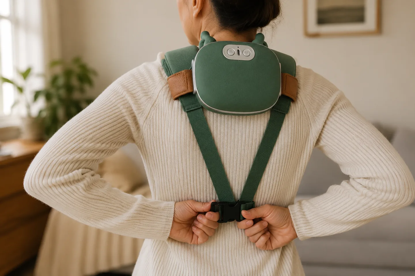 Une femme vue de dos ferme la boucle de la sangle du chale de massage dans son dos