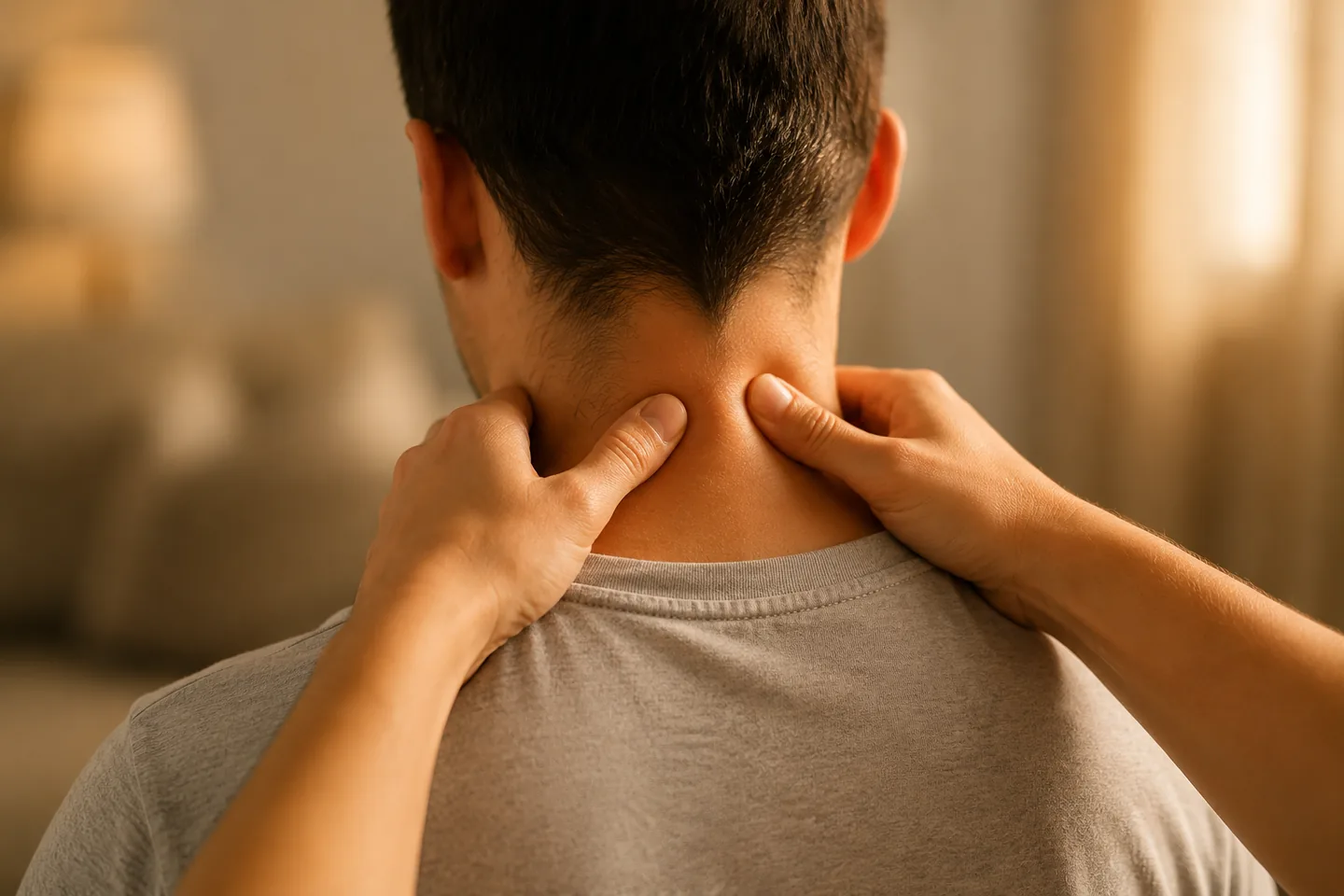 Deux mains exercent une pression de massage sur la nuque d'une personne vue de dos, en t-shirt gris