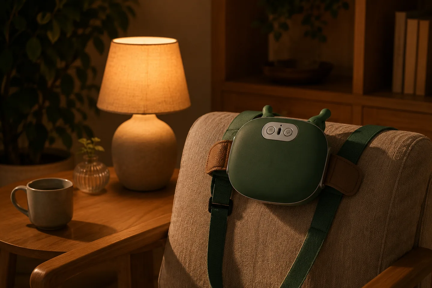 Un coin de salon en fin de journee : le chale de massage sur le dossier d'un fauteuil, une lampe allumee et une tasse