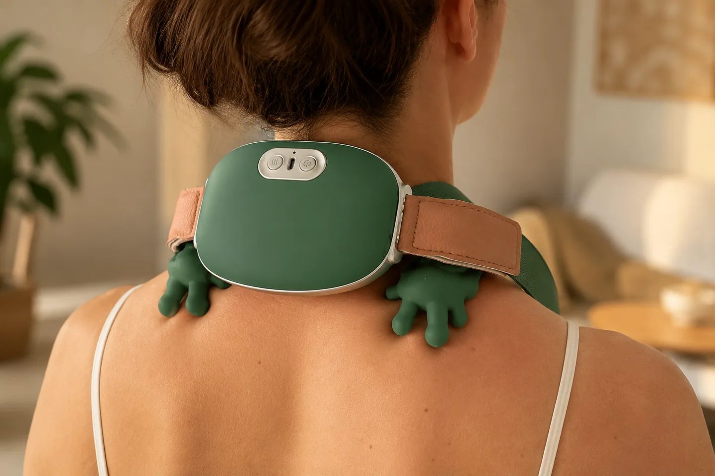 Les deux têtes de massage en silicone vert du châle posées sur la nuque et le haut des trapèzes, vue de dos